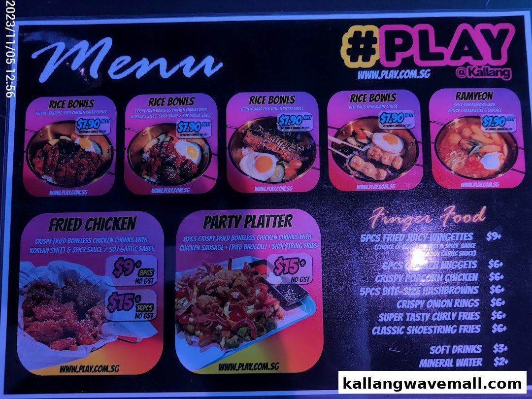 A vibrant menu board for PLAYKallang, featuring Korean-inspired rice bowls, fried chicken, and finger food.