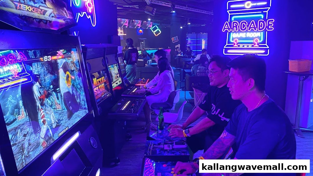 People enjoy playing classic arcade games like Tekken and Metal Slug in a vibrant, neon-lit game room.