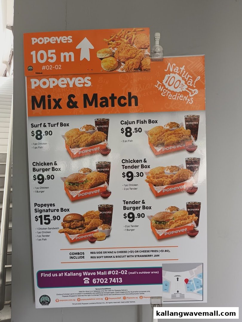 A Popeyes menu board displaying various 'Mix & Match' combo boxes with prices and contents.