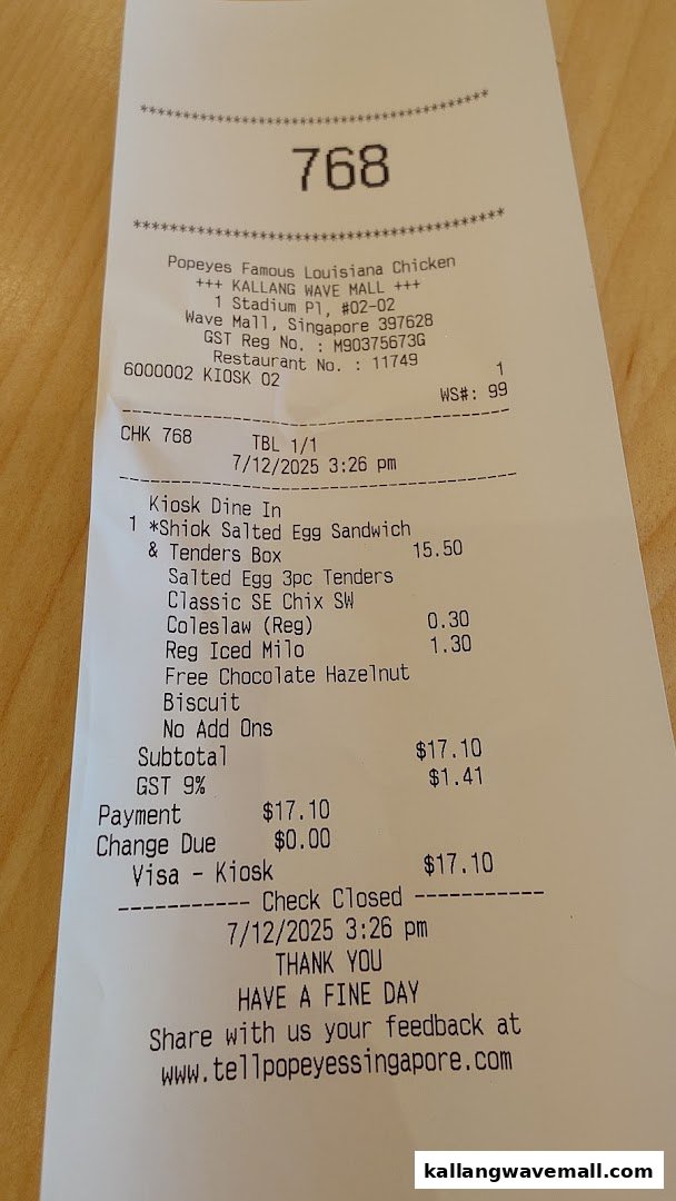 A detailed receipt from Popeyes Kallang Wave Mall showing a recent food order.