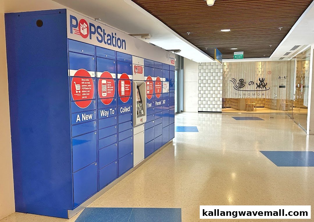 Blue Popstation parcel lockers in a mall corridor, offering convenient 24/7 package collection.
