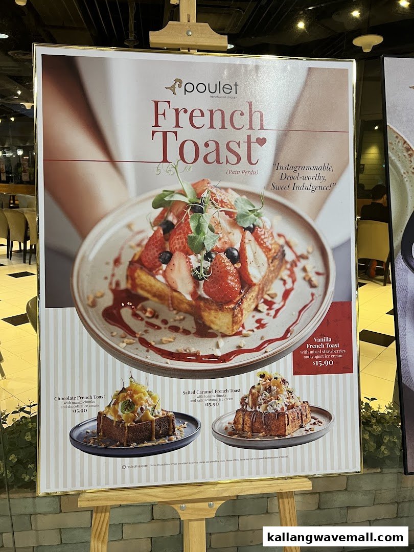A promotional menu board for Poulet featuring various French Toast options with prices and enticing descriptions.
