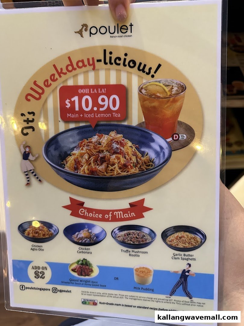 A menu board displaying Poulet's 'Weekday-licious!' special featuring a main dish and iced lemon tea.