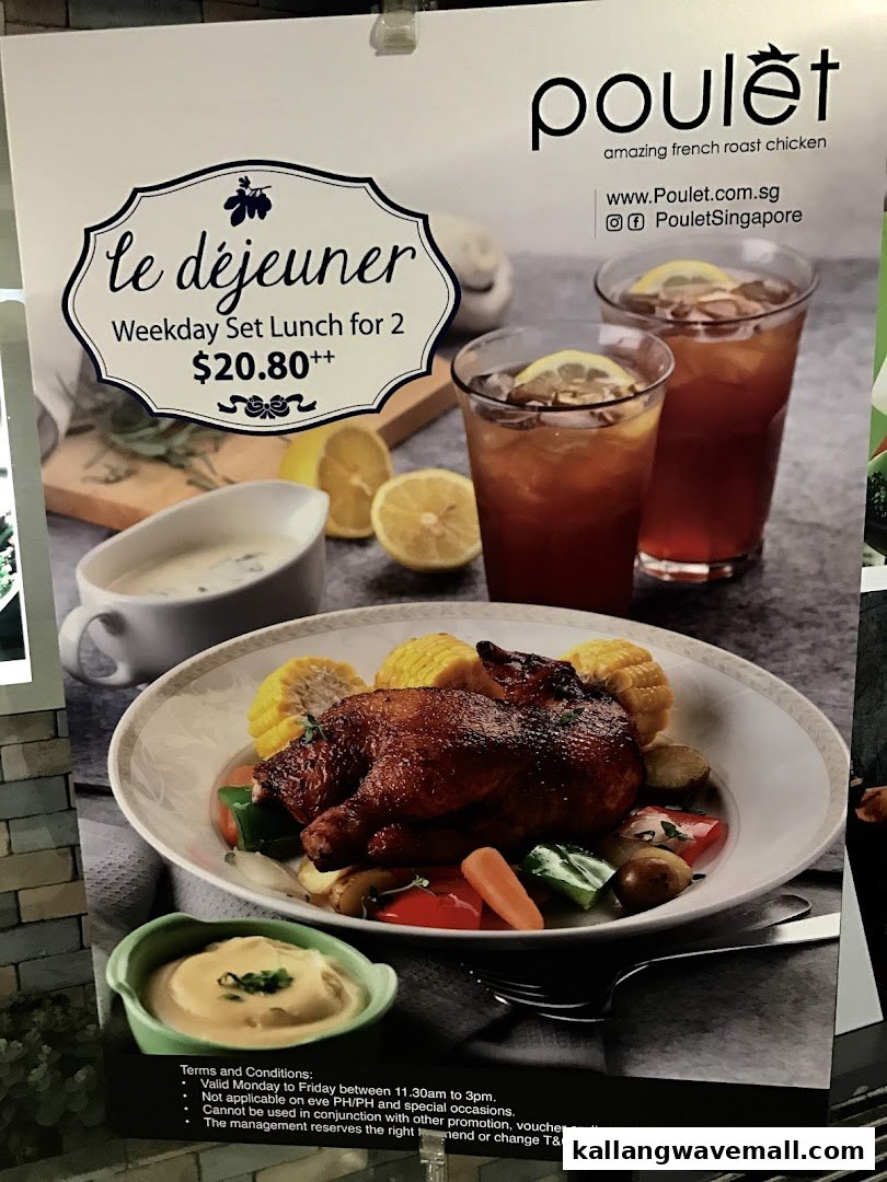 A promotional poster for Poulet's 'le déjeuner' Weekday Set Lunch for 2, featuring roast chicken and drinks.
