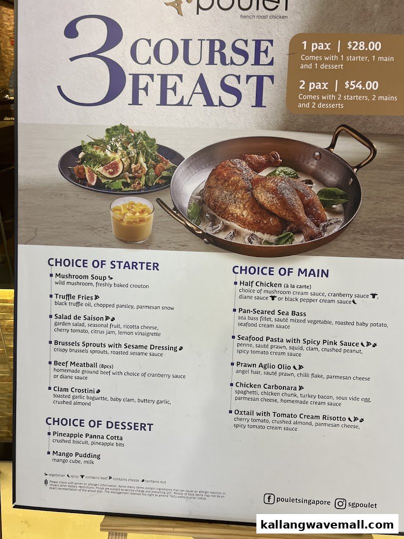 A detailed menu board for Poulet's 3-Course Feast, showcasing starters, mains, and desserts.