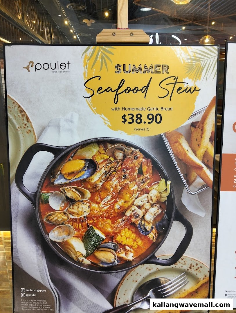 A promotional poster for Poulet's Summer Seafood Stew with homemade garlic bread, priced at $38.90.