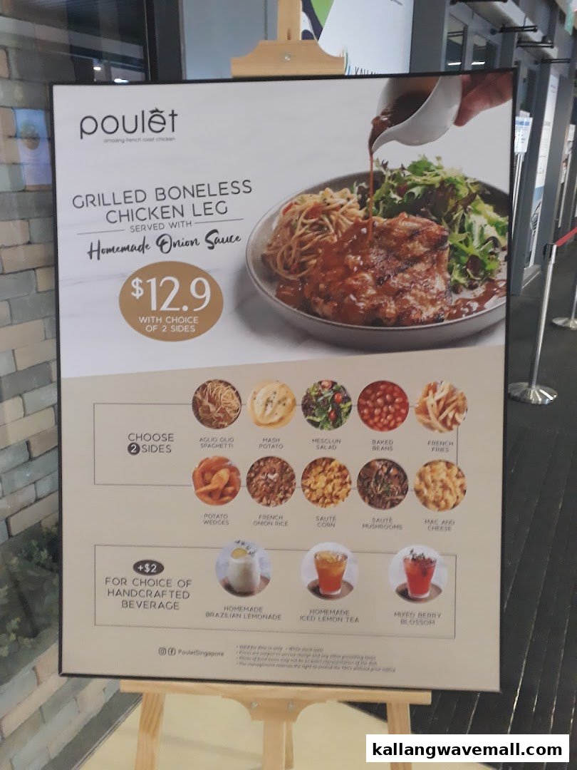 A menu board for Poulet featuring a grilled boneless chicken leg dish with sides and handcrafted beverages.