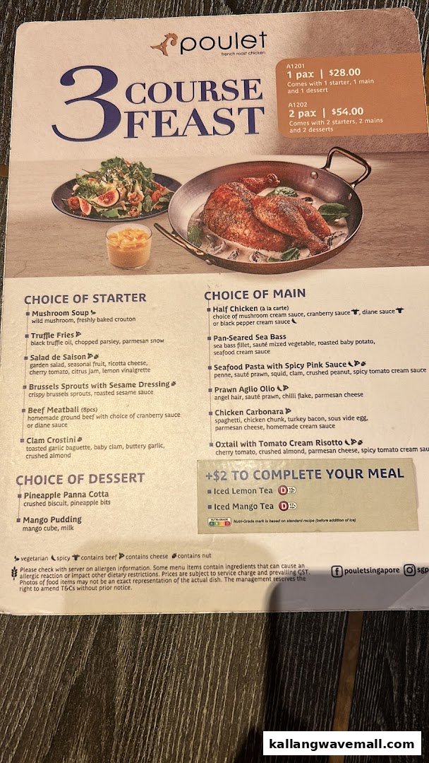 A detailed menu from Poulet featuring their '3 Course Feast' with various starter, main, and dessert options.