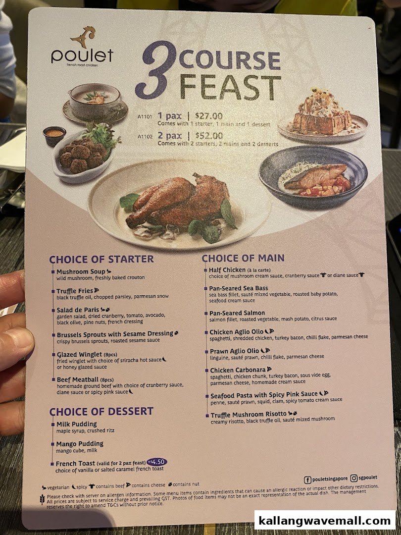 A detailed menu from Poulet showcasing their 3-Course Feast options with various French-inspired dishes.