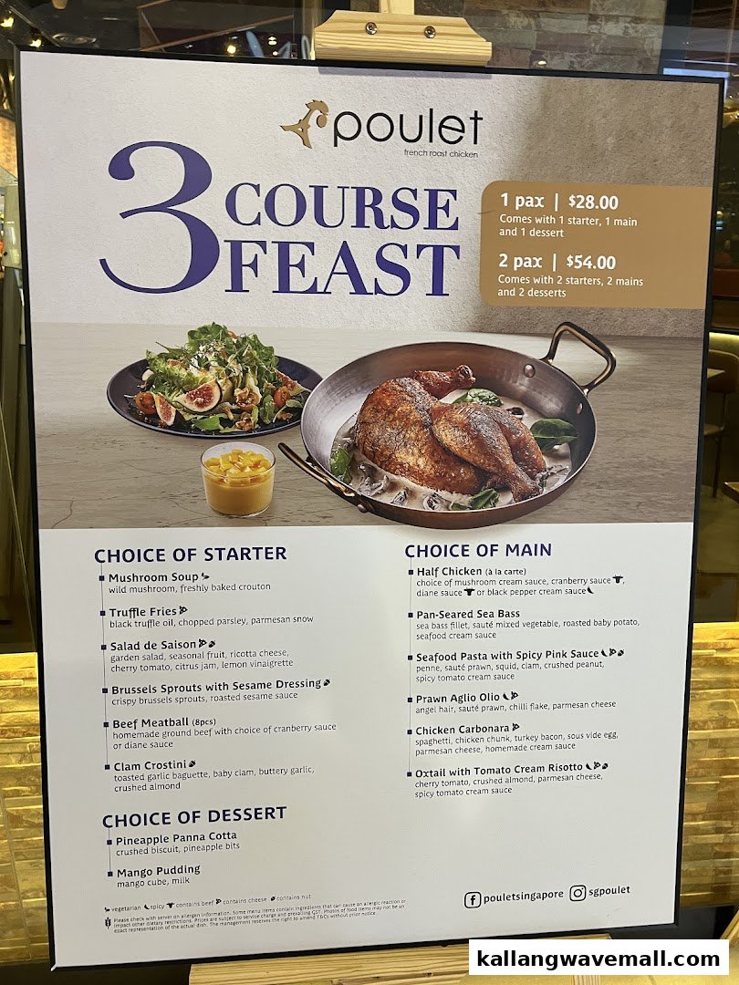 A menu board for Poulet's '3 Course Feast' featuring starters, mains, and desserts with pricing.