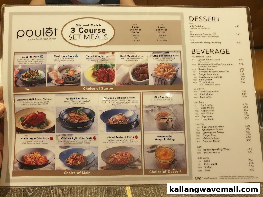 A detailed menu from Poulet, showcasing their 3-course set meals, a variety of main dishes, desserts, and beverages.