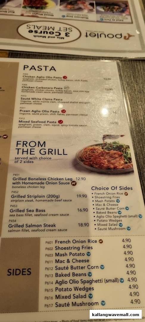 A close-up view of Poulet's menu, featuring pasta, grilled dishes, and side options with prices.