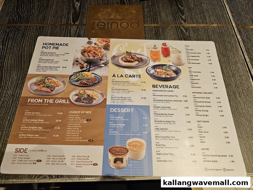 A detailed menu from Poulet, showcasing a variety of French-inspired dishes, desserts, and beverages.