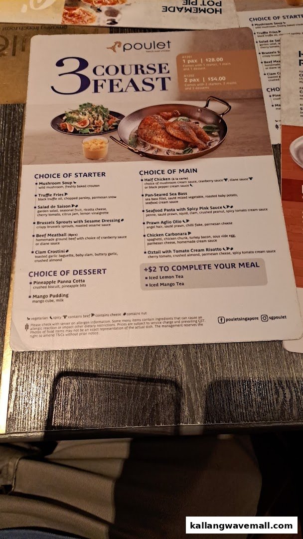 A close-up image of Poulet's '3 Course Feast' menu, showcasing various French-inspired dishes.