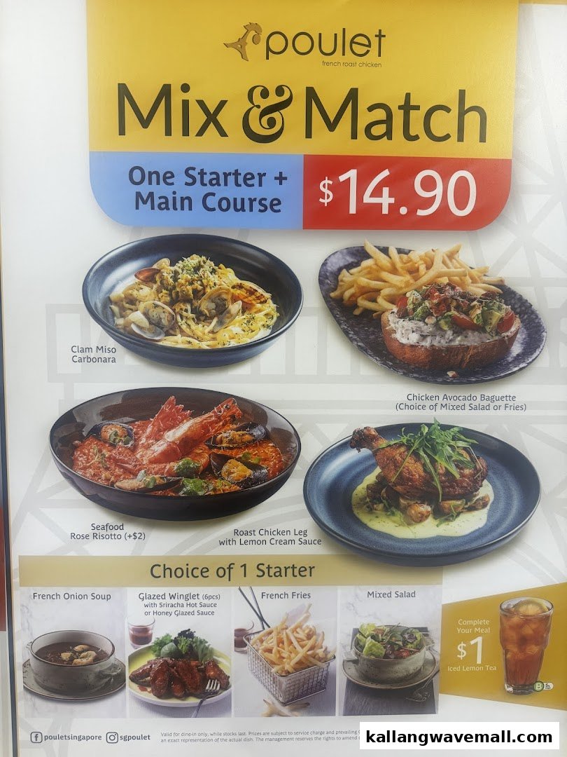 A Poulet 'Mix & Match' menu board showcasing French roast chicken, pasta, risotto, and starters.