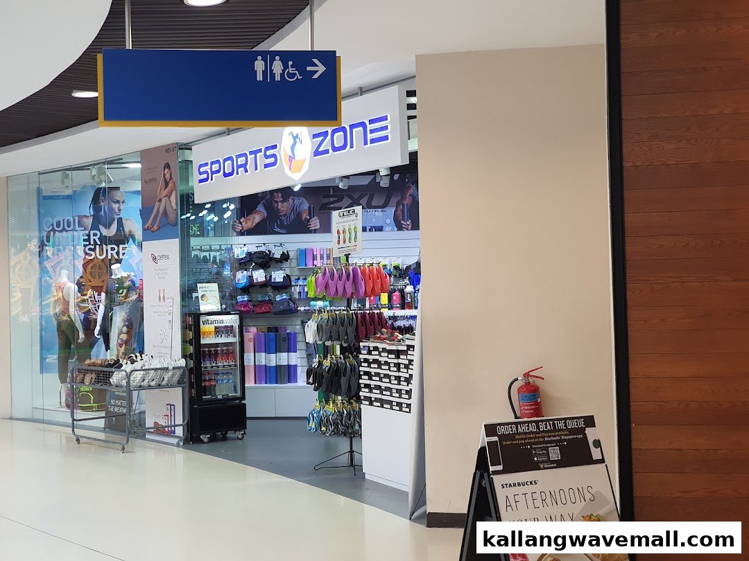 The storefront of 'SPORTS ZONE' showcasing athletic apparel and equipment within a shopping mall.