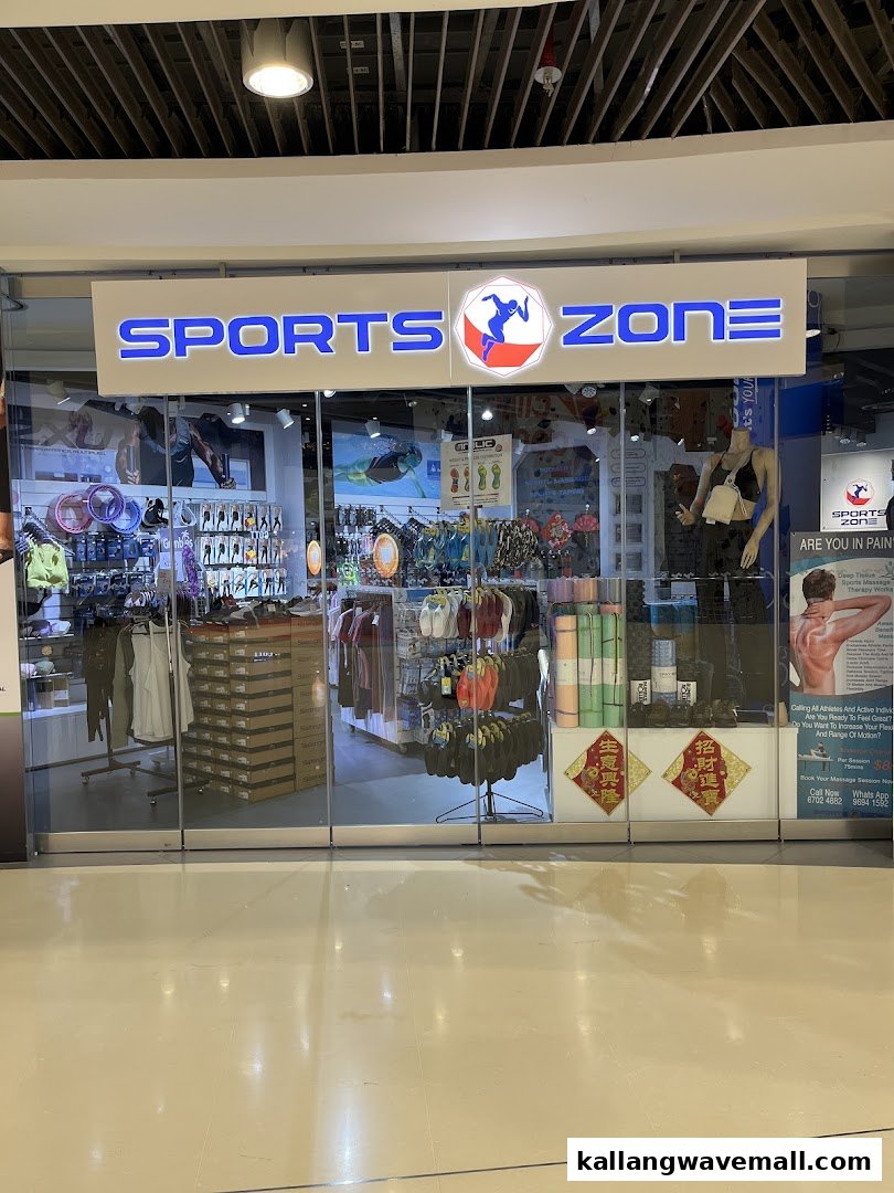 The storefront of 'SPORTS ZONE' showcasing a variety of sports apparel and equipment.