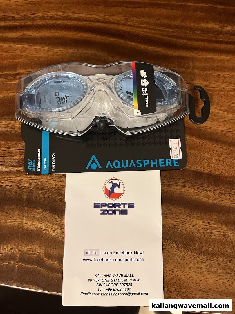 Aquasphere swim goggles with blue tinted lenses and a Sports Zone contact flyer.
