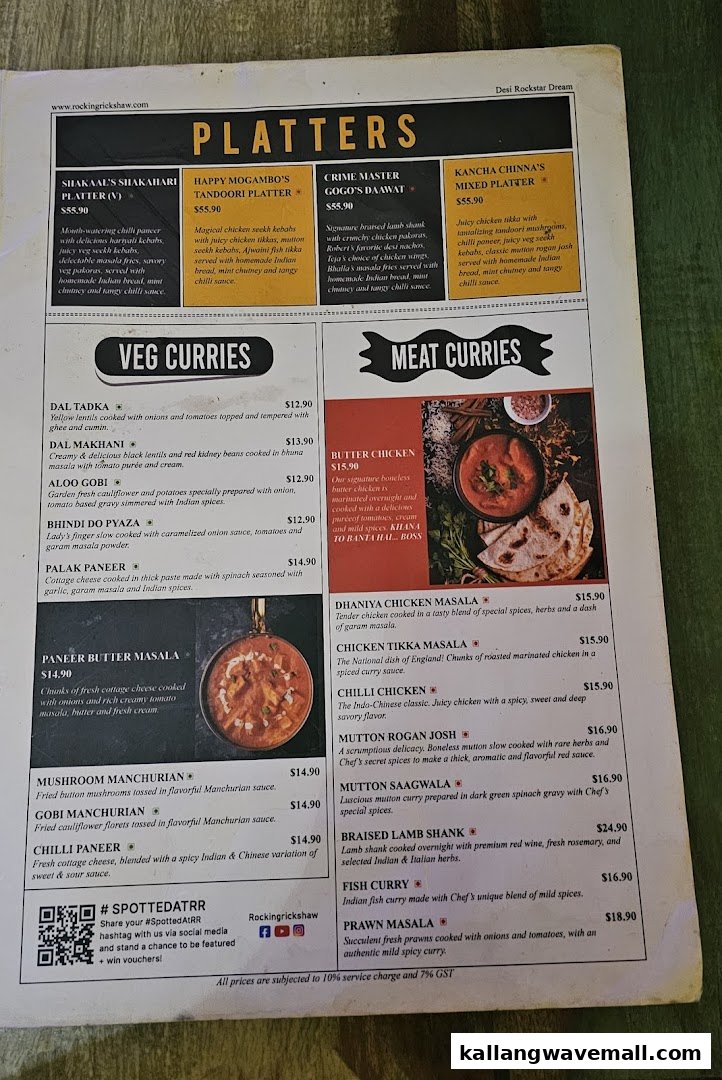 A detailed menu from Rocking Rickshaw, featuring Indian platters, veg, and meat curries.