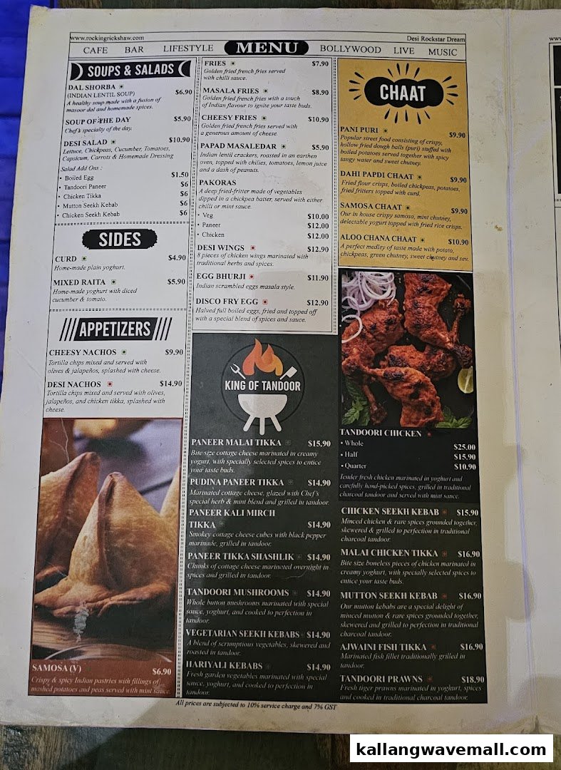 A comprehensive menu from Rocking Rickshaw, showcasing Indian soups, salads, appetizers, chaat, and tandoori dishes.