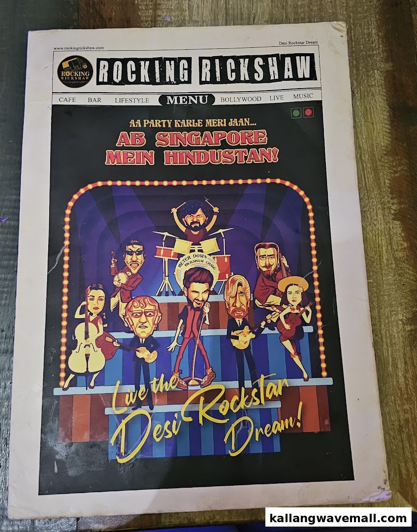The vibrant cover of Rocking Rickshaw's menu, featuring a lively band illustration and catchy slogans.