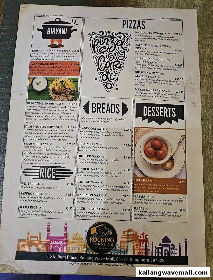 A detailed menu from Rocking Rickshaw, featuring Biryani, Pizzas, Breads, Rice, and Desserts.
