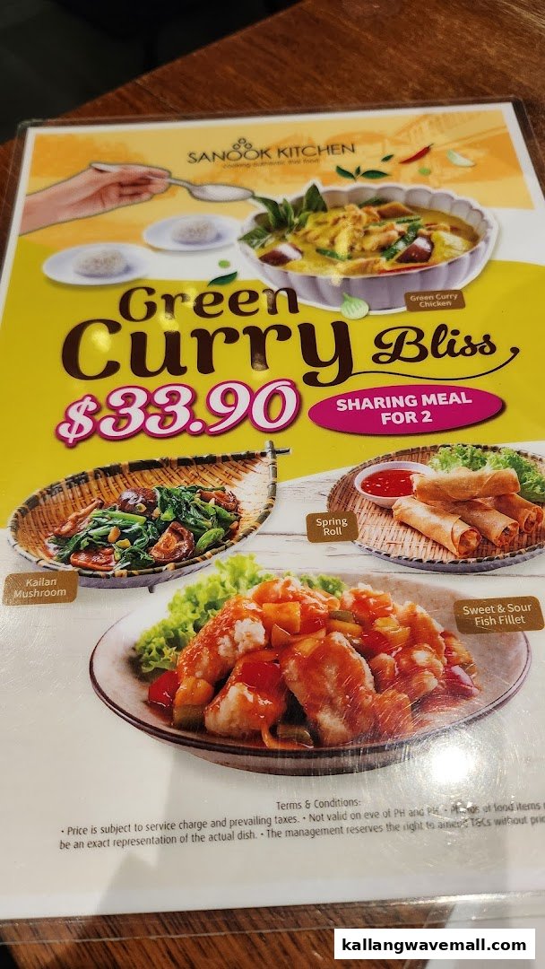 A menu page from Sanook Kitchen featuring a Green Curry Bliss sharing meal and other Thai dishes.