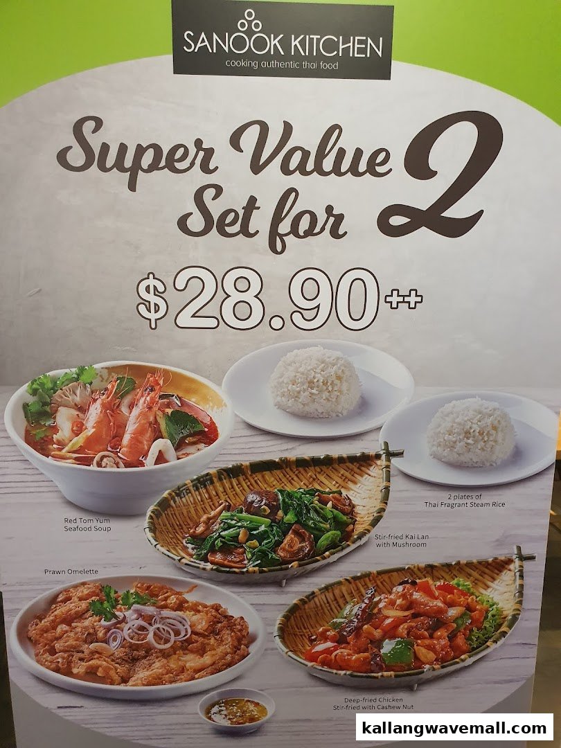 A menu board from Sanook Kitchen showcasing a 'Super Value Set for 2' with various Thai dishes.