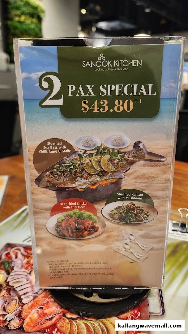 A menu display for Sanook Kitchen's 2 Pax Special featuring authentic Thai dishes.