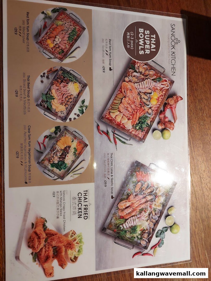 A detailed menu showcasing Sanook Kitchen's Thai Super Bowls and Fried Chicken offerings.
