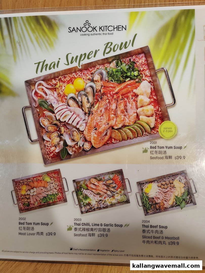 A menu page from Sanook Kitchen showcasing various 'Thai Super Bowl' dishes with prices and descriptions.