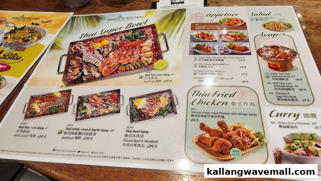 A vibrant menu from Sanook Kitchen showcasing a variety of Thai dishes, including 'Thai Super Bowl' and 'Thai Fried Chicken'.