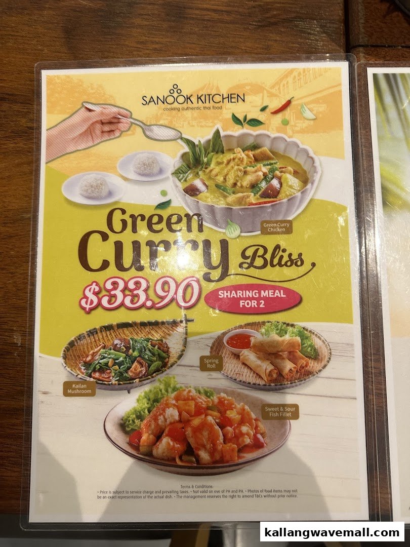 A vibrant menu display from Sanook Kitchen featuring a 'Green Curry Bliss' sharing meal.