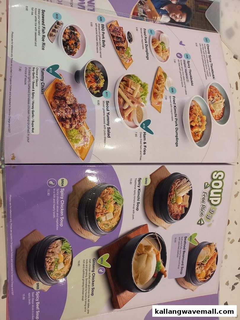 A vibrant menu displaying various Korean dishes, including appetizers, chicken, rice, and soups.