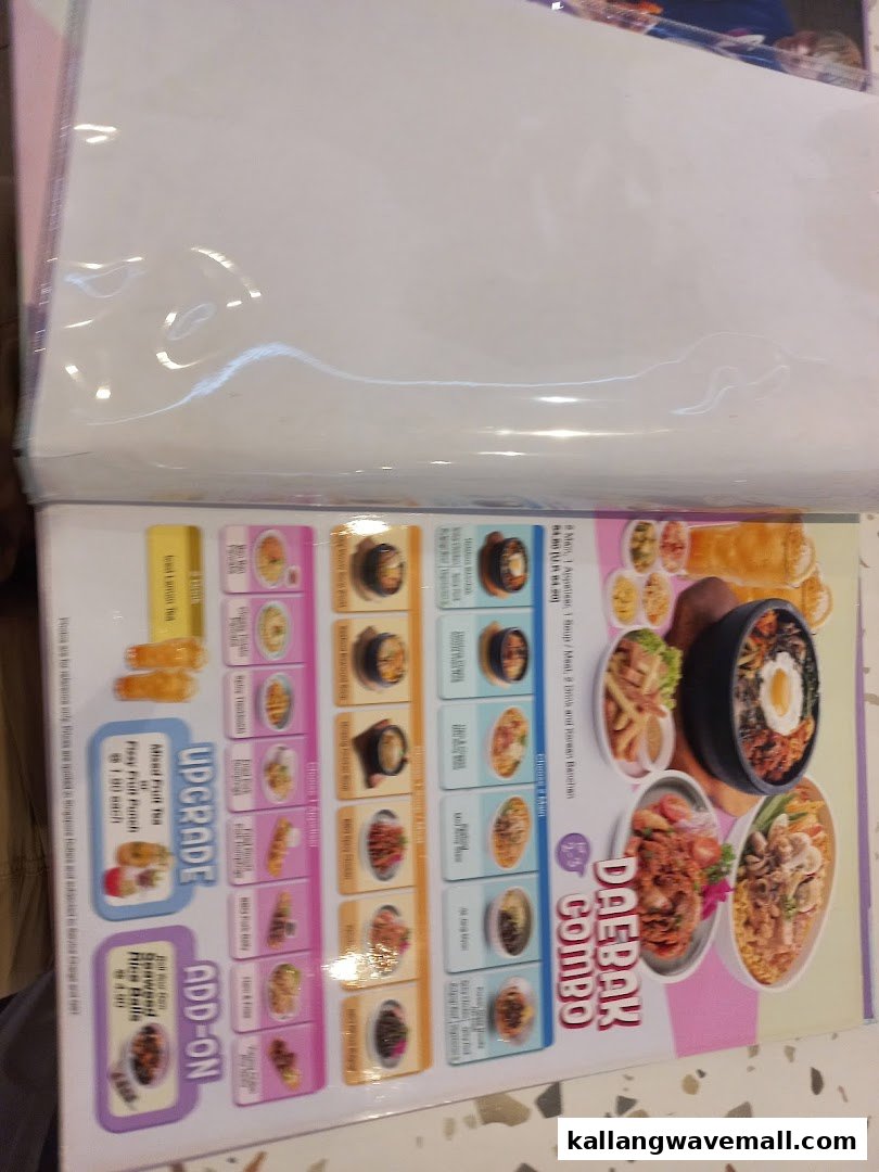 A page from a Korean restaurant menu, featuring combo meals, upgrades, and add-ons.