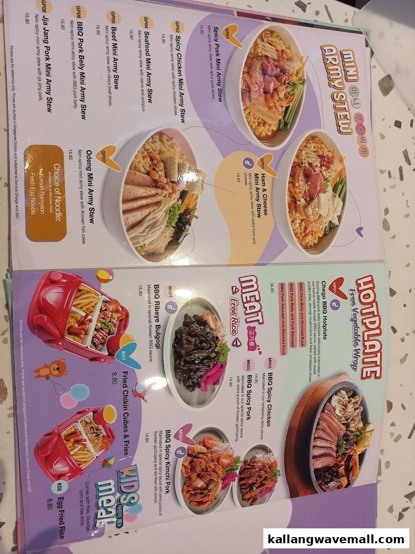 A vibrant menu displaying various Korean dishes, including Army Stew, Hotplate, Meat dishes, and Kids' meals.