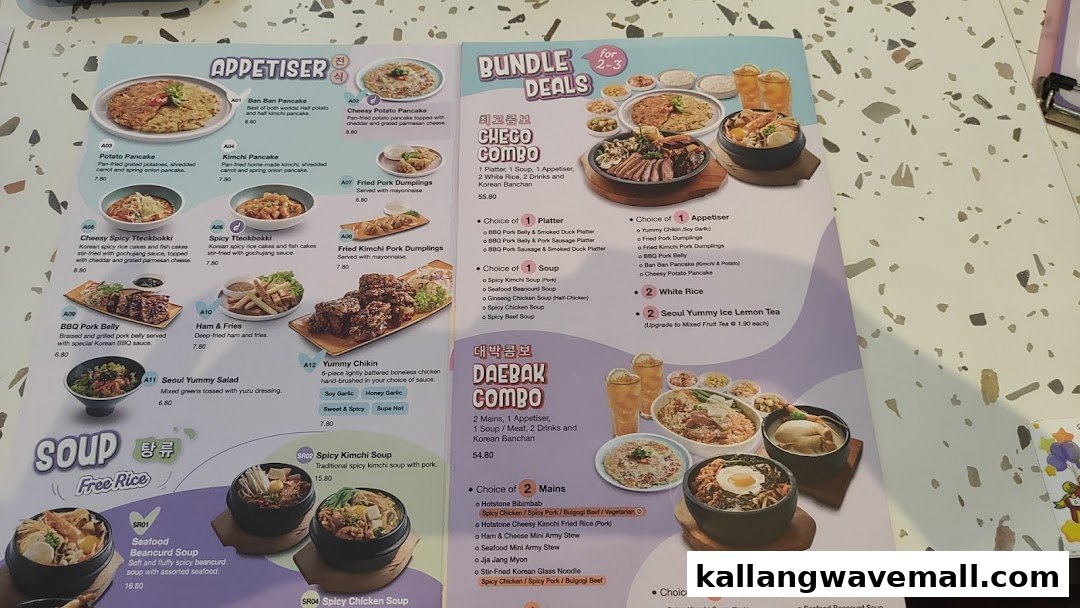 A detailed menu displaying Korean appetizers, soups, and bundle deals with prices and descriptions.