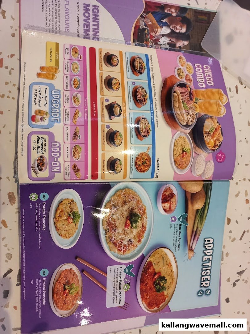 A vibrant menu displaying Korean combo meals, appetizers, and drink upgrades.