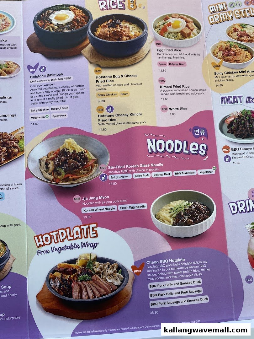 A vibrant menu page showcasing a variety of Korean rice, noodle, and hotplate dishes.