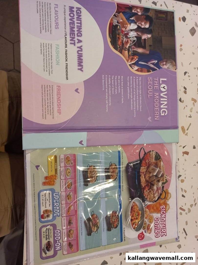 A vibrant menu showcasing Korean army stews, appetizers, and drinks, with promotional text.