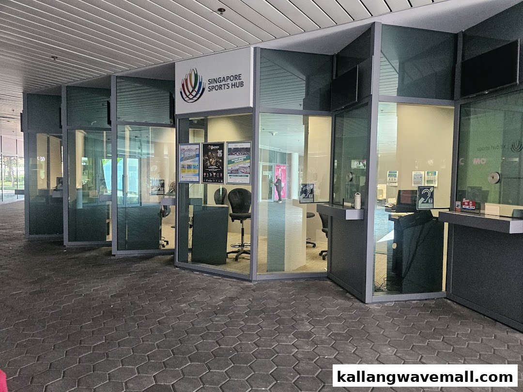 Exterior view of the Singapore Sports Hub Box Office with glass windows and signage.