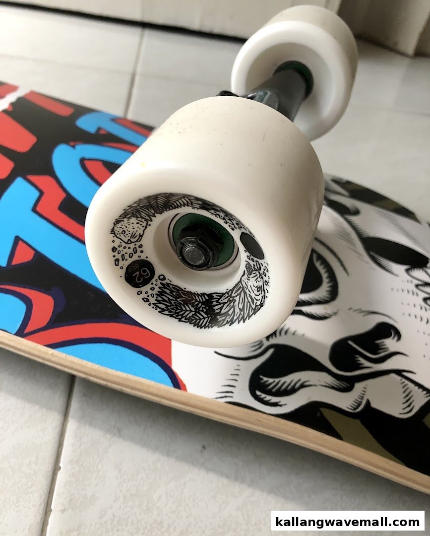 A close-up view of a skateboard's white wheel and graphic-adorned deck.