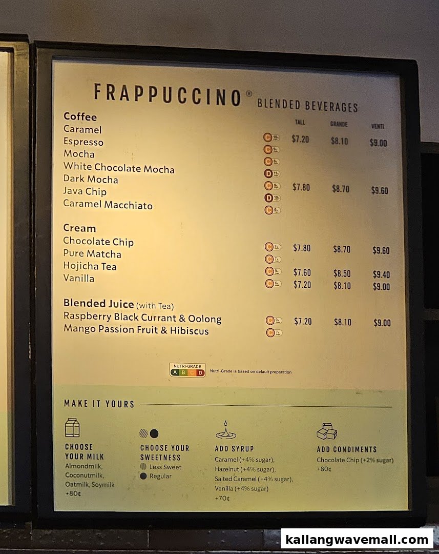 A detailed menu board displaying Starbucks Frappuccino blended beverages and customization options.