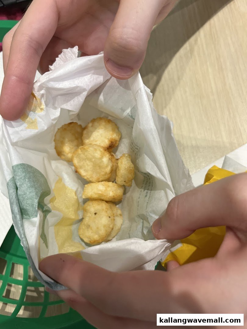 Hands holding a bag of golden-brown hash browns from Subway.