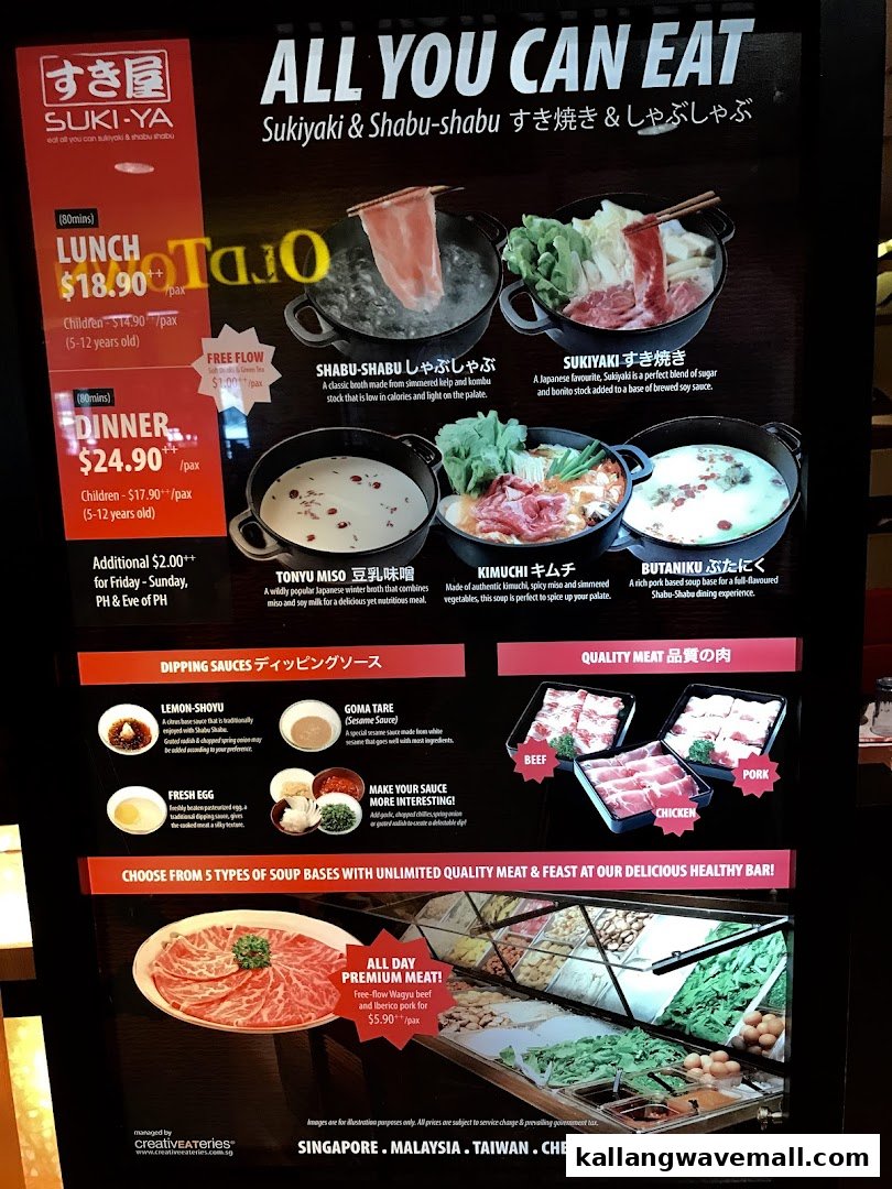 A detailed menu board for Suki-Ya's 'All You Can Eat' shabu-shabu and sukiyaki, showing pricing, soup bases, meats, and dipping sauces.