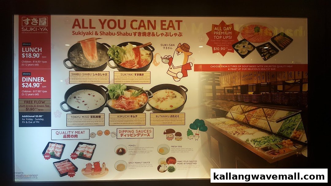 A detailed menu board for Suki-Ya, an all-you-can-eat shabu-shabu and sukiyaki restaurant.