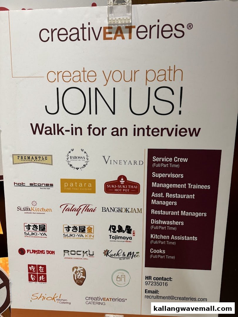 A recruitment poster for creativeEATeries, listing various F&B job openings and their restaurant brands.