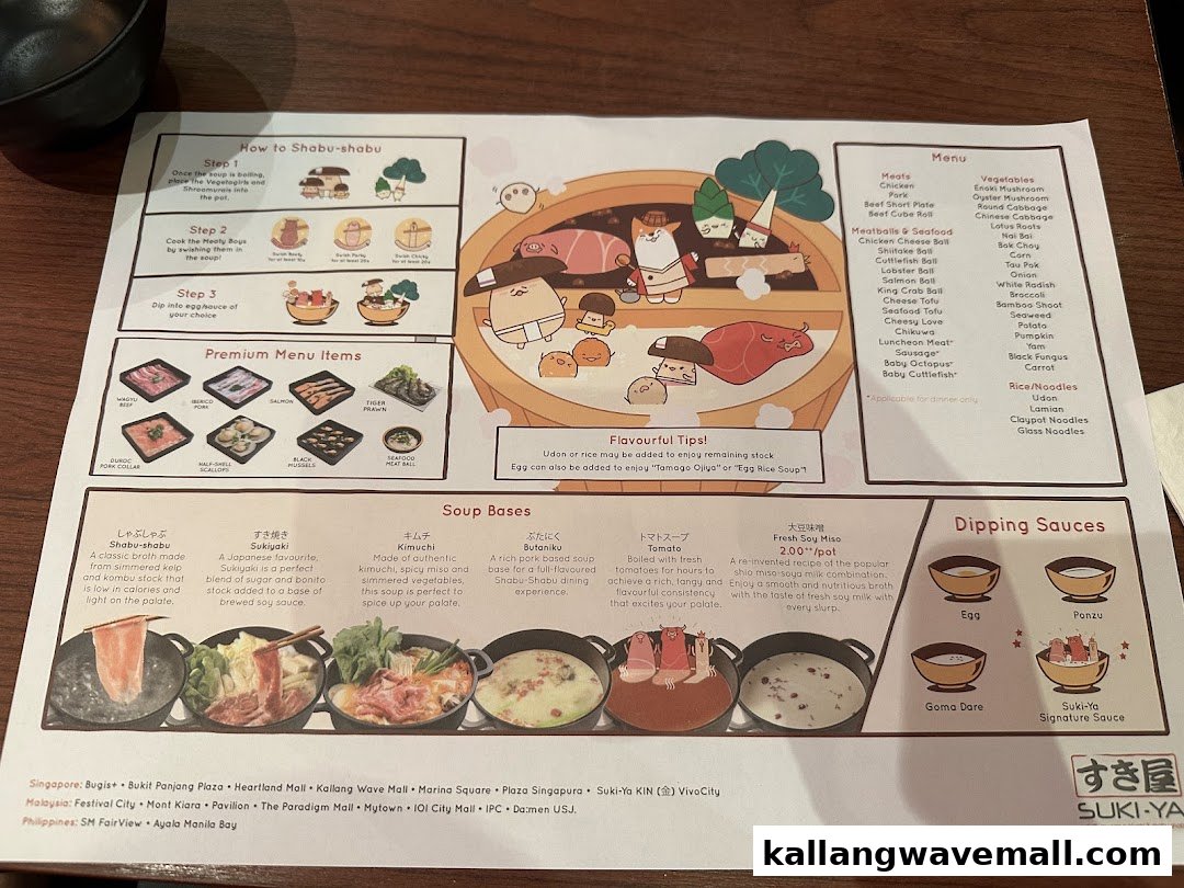 A detailed Suki-Ya shabu-shabu menu featuring cooking instructions, premium items, soup bases, and dipping sauces.