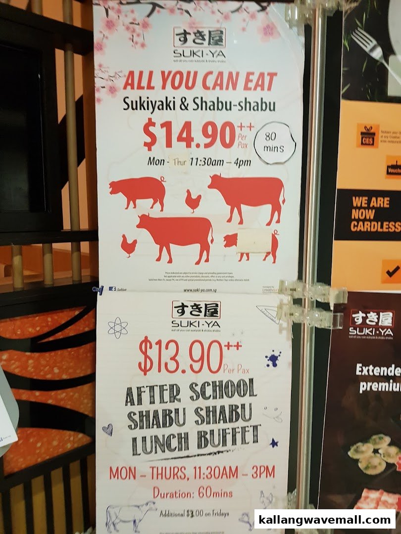 Promotional posters for Suki-Ya's all-you-can-eat shabu-shabu and sukiyaki buffet offers.