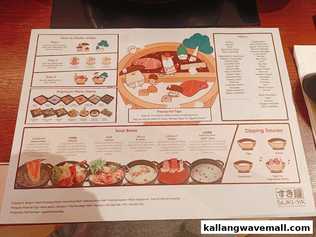 A detailed menu from Suki-Ya All You Can Eat Shabu Shabu, featuring food items, soup bases, and dipping sauces.